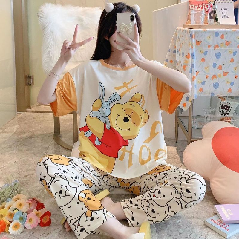 睡衣女春秋款5XL码新款短袖长裤女士印花可爱可外穿家居服套装|undefined