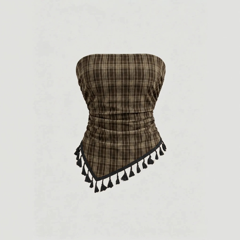 ZT8401 Vintage Plaid Irregular Beveled Edge Tassel Strapless Summer Sexy Tie-Strap Off-Shoulder Hot Girl Style Top