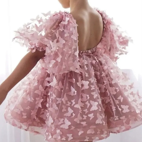 International Children's Bubble Sleeve Formal Dress with 3D Butterfly Design, Net Fabric, Fluffy Princess Dress, Backless Performance Costume