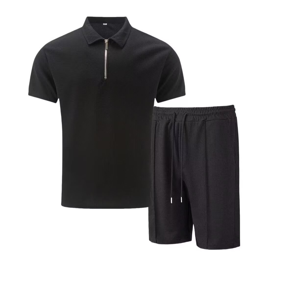 Men's Solid Color Short Sleeve Waffle Collar Half Zip Suit Summer New Style_voghion.com