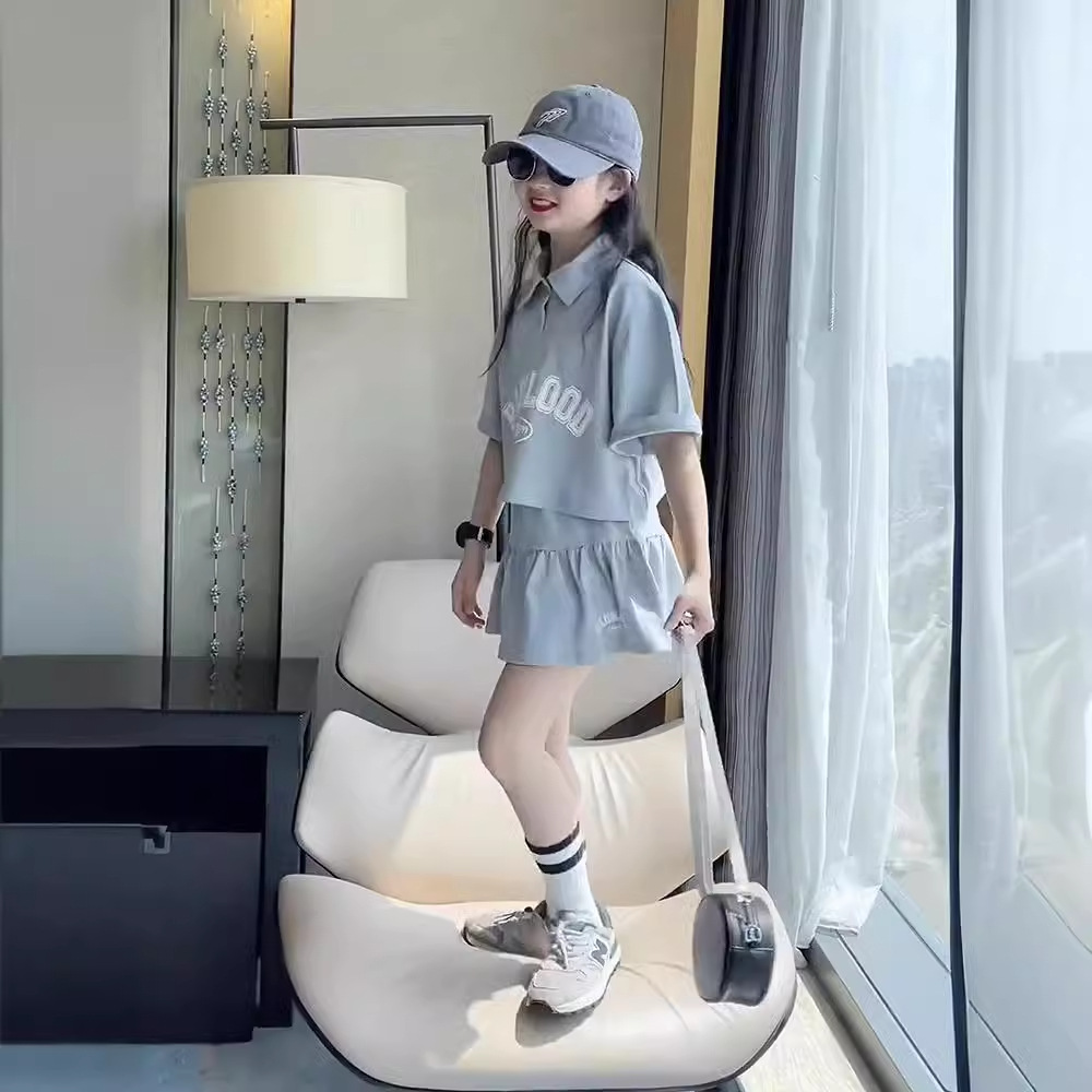 Girl's Summer suit Skirt Western Style Girl's Big Boy's POLO Shirt Short-Sleeved T-Shirt Korean Style Children's Wear Skirt Two-Piece Set