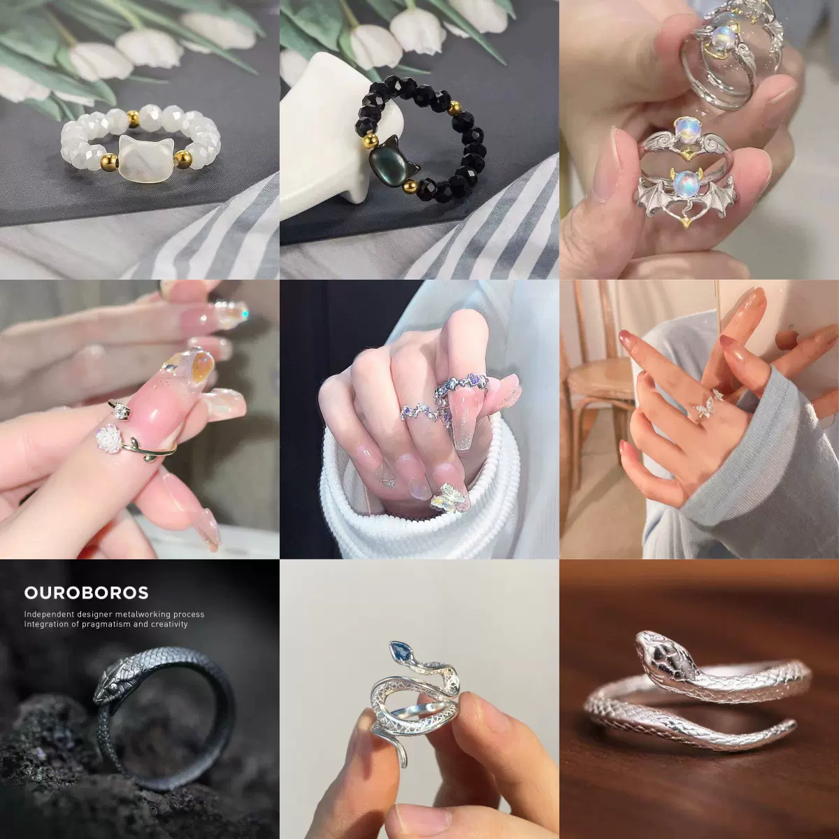【最新热销戒指】小众设计个性串珠戒指黑色蛇戒指女戒指
