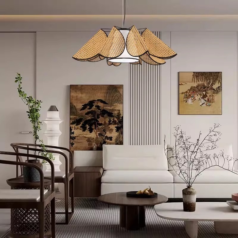 Nueva lámpara china hecha a mano restaurante hotel sala de banquetes estudio sala de té alojamiento residencial Zen retro lámparas trenzadas de caña