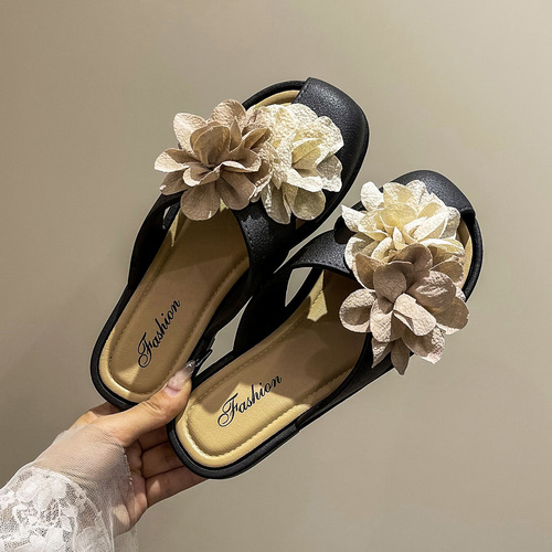 Baotou Half Slipper Fairy Wind Flower French Women's Shoes New Bestselling Spring Summer Lazy Person Elegant Cool Slippers