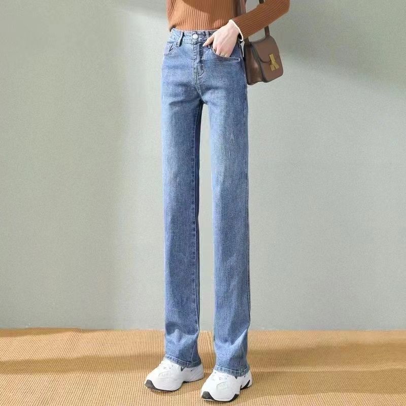 높은 허리 스트레치 청바지 여성용 스트레이트 팬츠 슬림 룩 올매치 바지