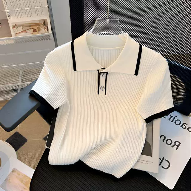 Летняя белая маленькая ароматная футболка с воротником-поло и короткими рукавами, трикотажная футболка, топ, женский интернет-знаменитость, утягивающий короткий стиль D1013