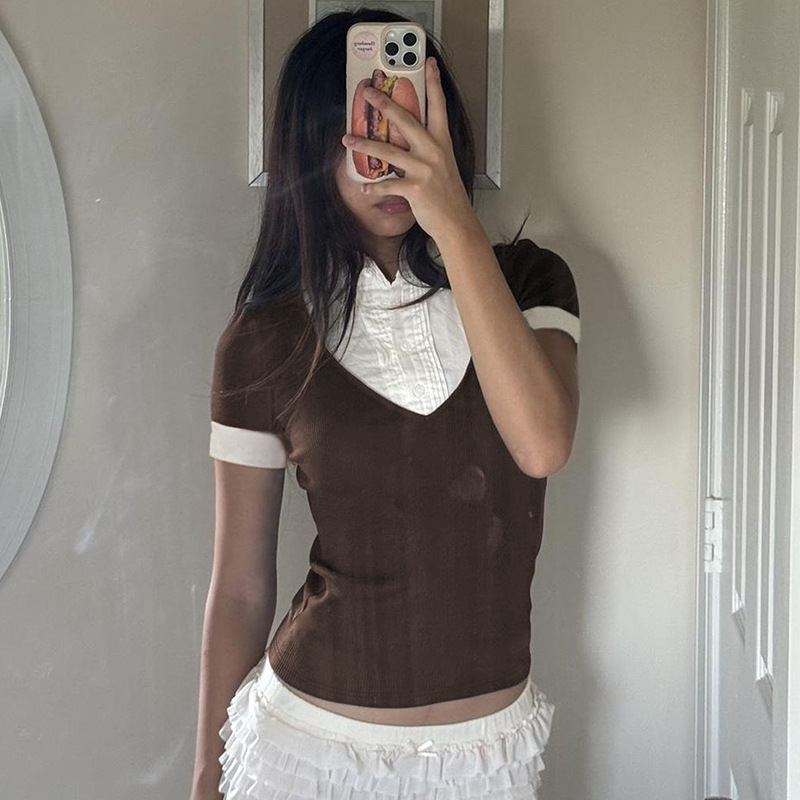 ins欧美跨境女装批发时尚辣妹假两件翻领风琴褶修身短袖T恤上衣批|undefined