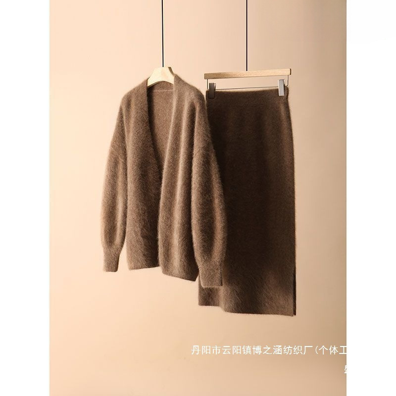 厂家直销法式慵懒风橄榄绿套装女装春季新款毛衣裙两件套|undefined