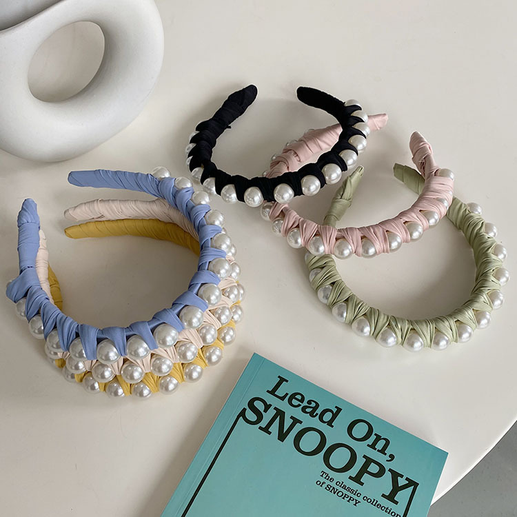 130g Weight Headwear Classification Housewarming, Anniversary, Business, Wedding, Travel, Birthday, Festival Occasion Plaid, Waves Pattern Women'S Gender Fashion Style Beige, Pink, Green, Blue, Yellow, Black Color Korean Winding Pearl Woven Headband Wholesale 3