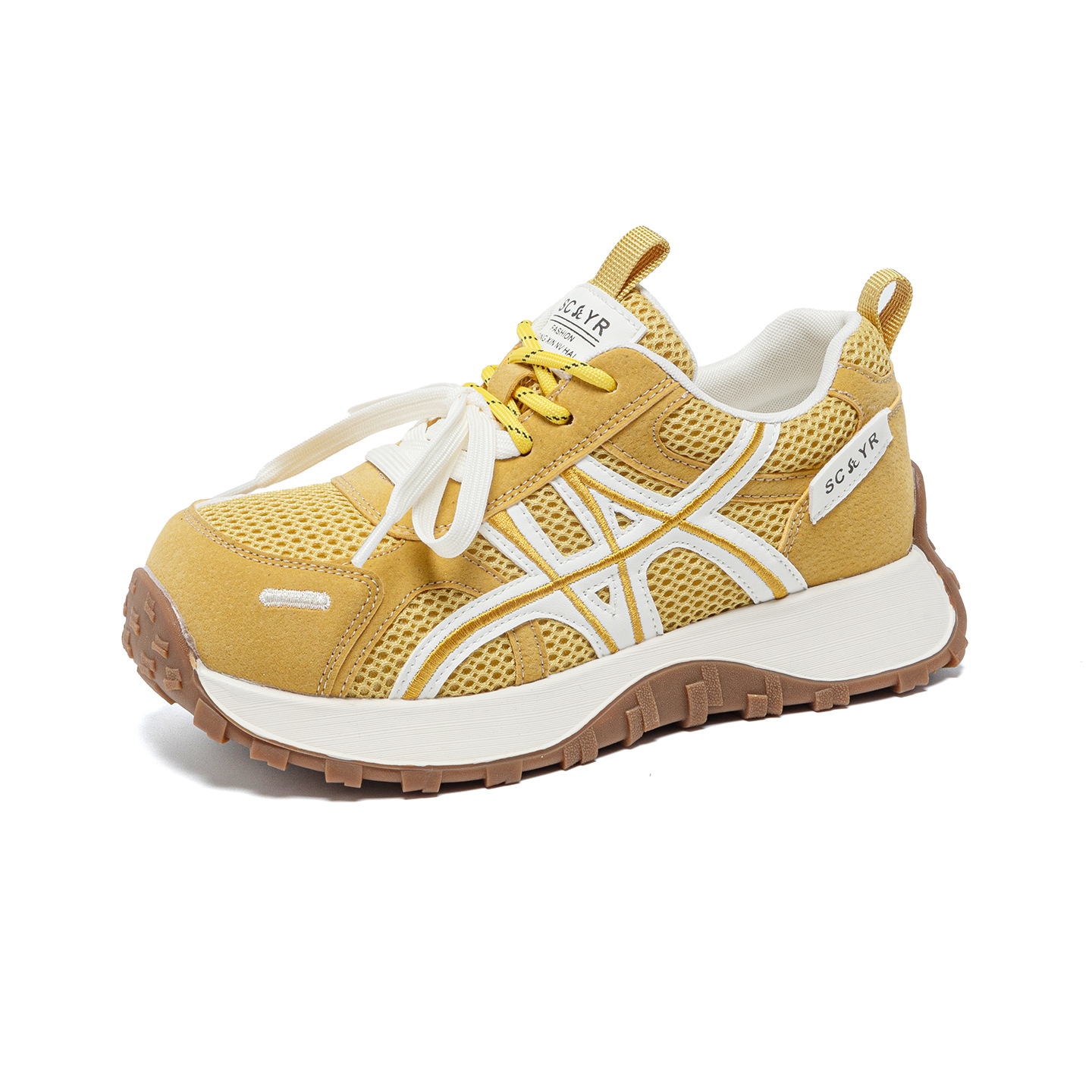 Giày sneaker nữ đế dày phong cách Đức Huấn (German Trainer) mùa xuân 2026, đế bánh mì ôm eo, phối màu trẻ trung — Be 5025, Xám 5025, Vàng 5025