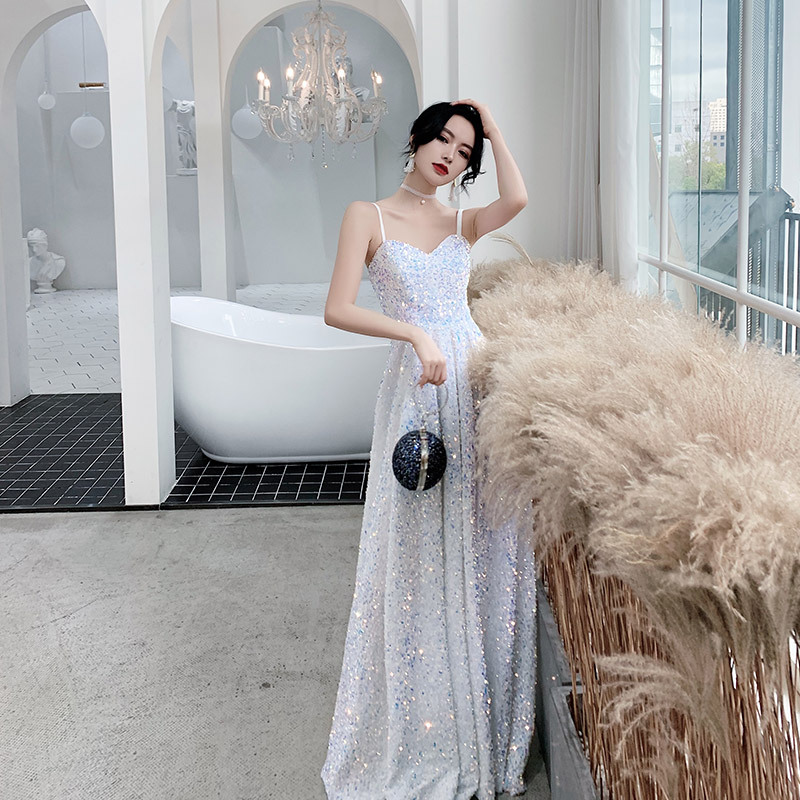 Evening Dress White Ultra-Fairy Style 2026 New Long Strap Sequin Birthday Party Banquet Dress