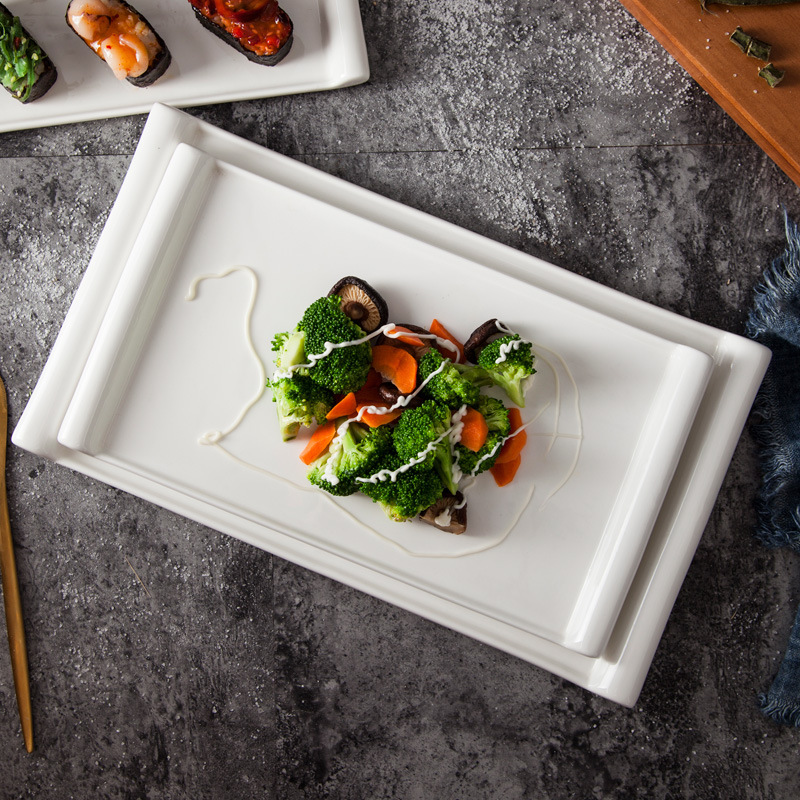 Pure White Ceramic Rectangular Plate Barbecue Plate Dish Plate Sushi Plate Flat Plate Hotel Restaurant Special Presentation Plate Cold Dish Plate