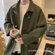 法式英伦风毛呢大衣男ins潮中长款牛角扣风衣感雅痞外套批发