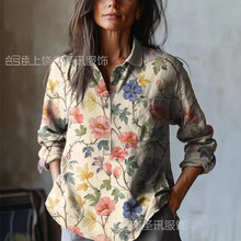 春夏新款亚马逊跨境时尚3D印花女装欧美百搭休闲半开翻领长袖衬衫