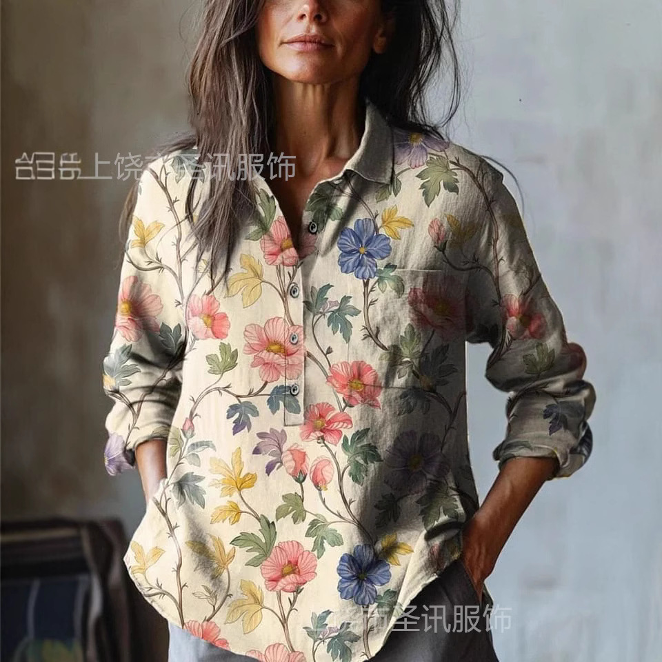 春夏新款亚马逊跨境时尚3D印花女装欧美百搭休闲半开翻领长袖衬衫