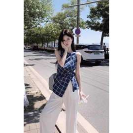 法式复古蓝格子圆领背心衬衫女设计感小众气质修身开叉无袖上衣夏