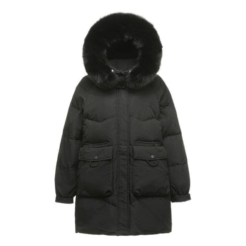 Зимняя одежда больших размеров для полных женщин 2025 года, утягивающая и увеличивающая объемы, утепленная пуховая куртка средней длины с воротником из лисьего меха 215.