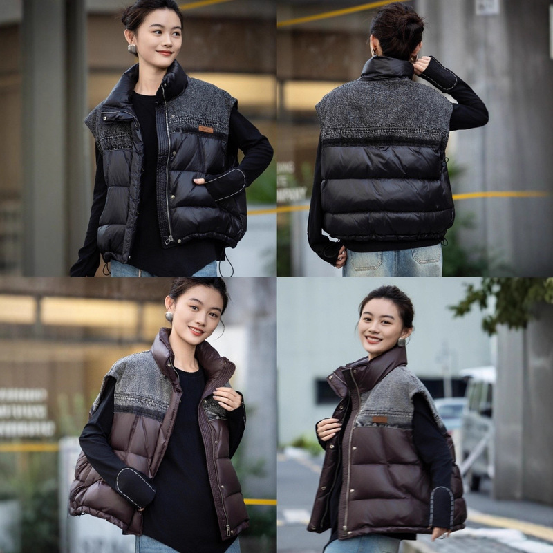 European-Style down Vest for Women, 2025 Winter New Style, Personalized Patchwork Denim Jacket, Trendy