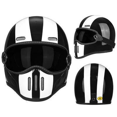 Motorcycle Safety Supplies, Carbon Fiber Retro Helmet Motorcycle - fiberglass-black-and-white-track-brown-lens-m56-57-head-circumference