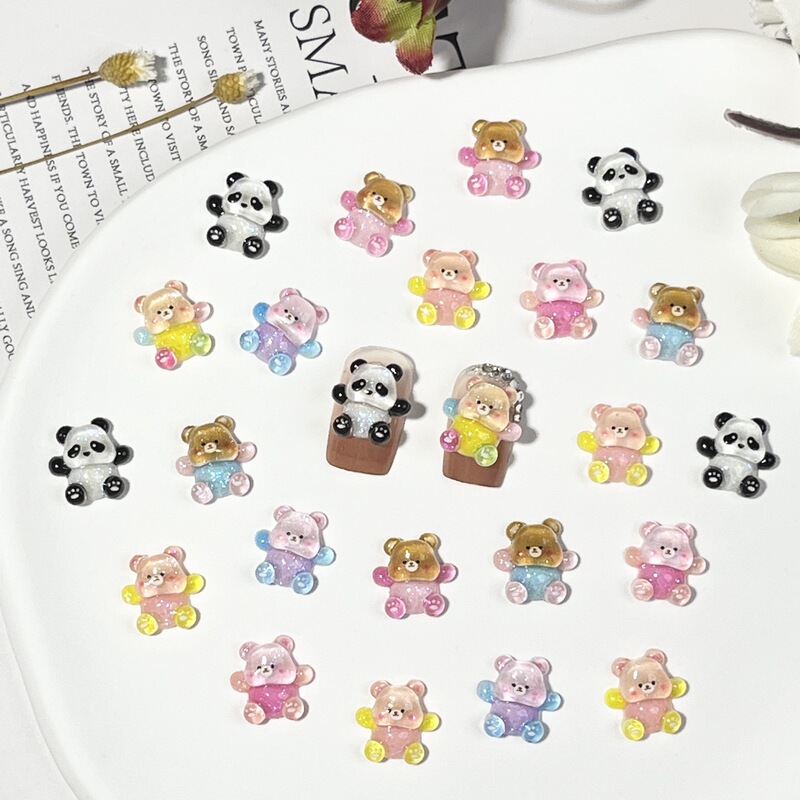 Cross-border Fine Glitter Luminous Bear Nail Art Jewelry Cute Stupid Three-dimensional Panda Resin Cartoon diy Nail Decoration