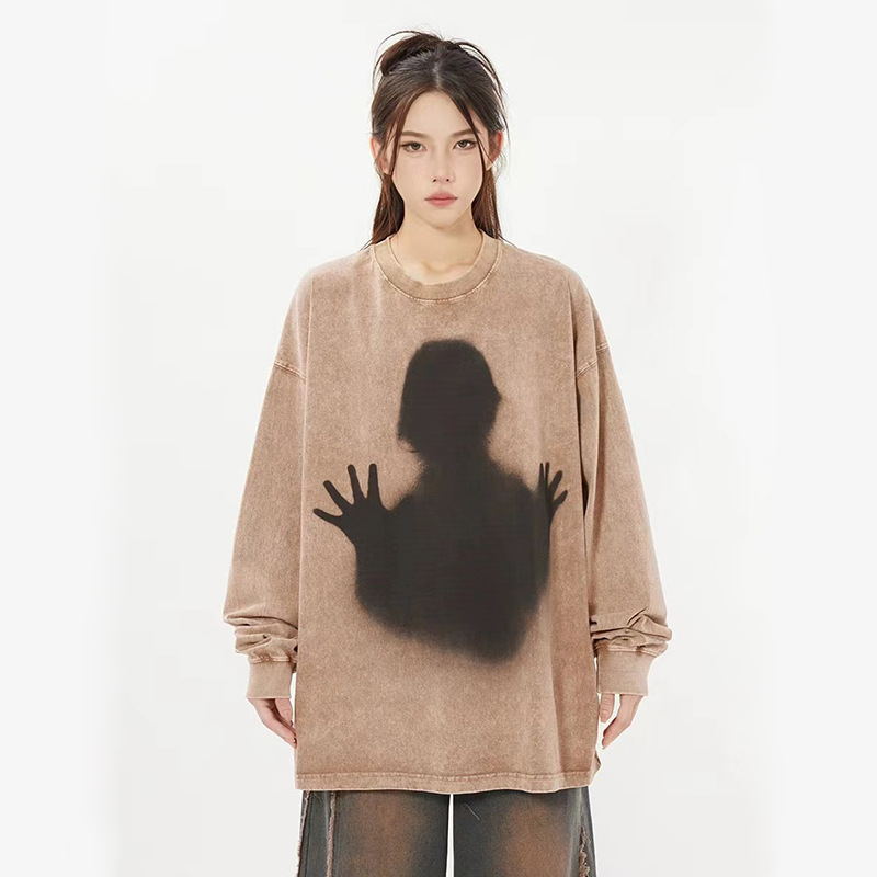 Comercio exterior hace viejas camisetas de manga larga para hombres de verano nuevo cuello redondo suelto sobretamaño americano retro in camisas de moda