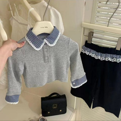 韓国系の甘い風の女の子の格子の花の縁の襟のニットの上着の広い足のスーツはおしゃれで心地良いです。