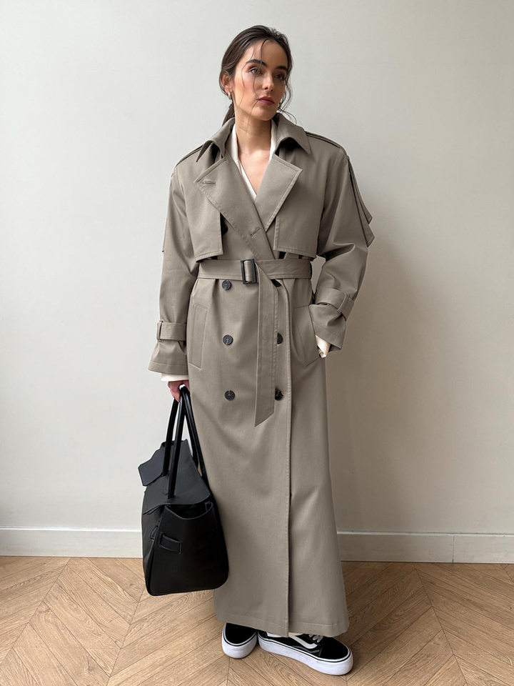 Áo khoác trench coat nữ dáng dài phong cách Âu Mỹ, chất liệu cotton, form rộng có dây thắt eo — Màu kaki, màu xám chi tiết 35