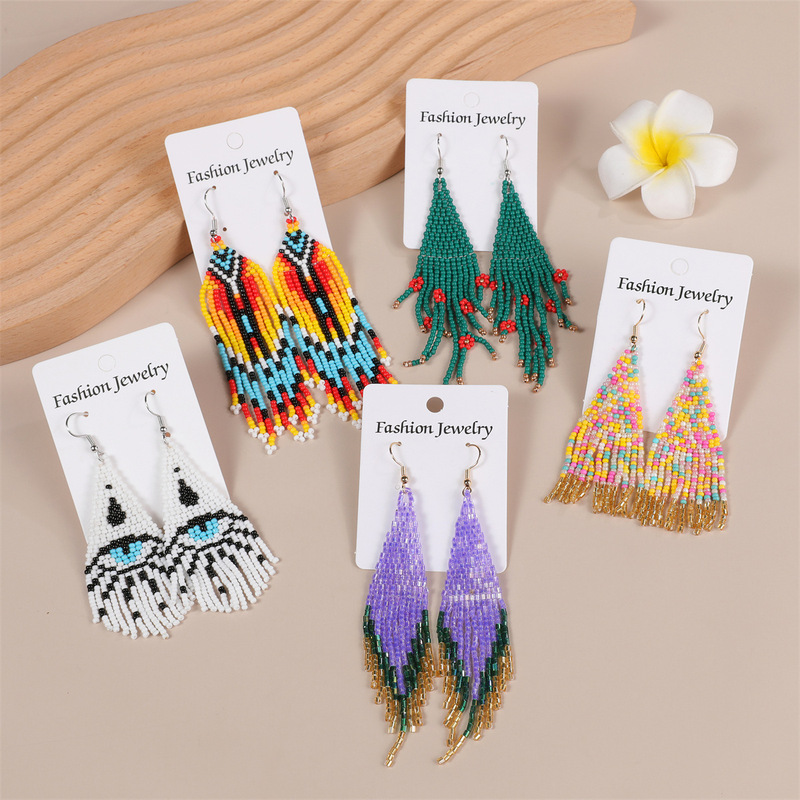 European and American Cross-border Hot Sale Colorful Flower Tassel Rice Bead Earrings Fashion Ladies Bohemian Party Earrings Batch