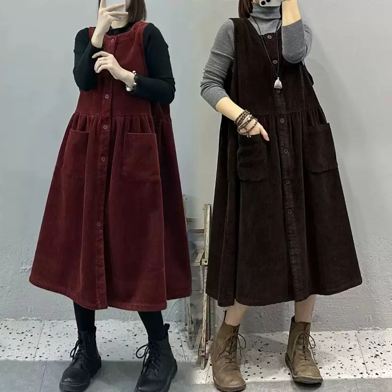 2025秋冬新款韩版复古灯芯绒背带连衣裙宽松显瘦口袋百搭长裙女