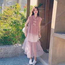 仙气风渐变粉色牛仔拼接网纱连衣裙女夏季新中式无袖盘扣衬衫长裙