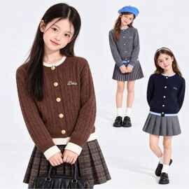 学院风女童撞色麻花针织开衫秋季儿童复古金扣毛衣外套女孩上衣