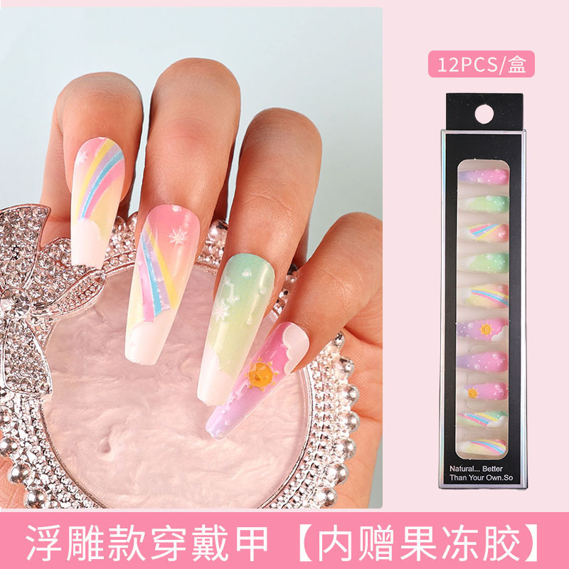 Uñas largas desmontables parches de uñas falsas comercio exterior productos terminados de manicure de novia en relieve parches de uñas