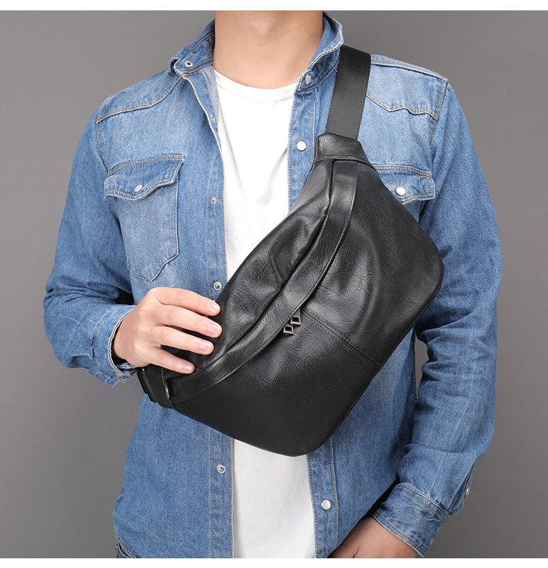 Túi đeo ngực nam da bò lớp đầu thời trang, túi thắt lưng da dung tích lớn chống mài mòn, 26×19×18 cm — Màu cà phê, Màu đen chi tiết 11