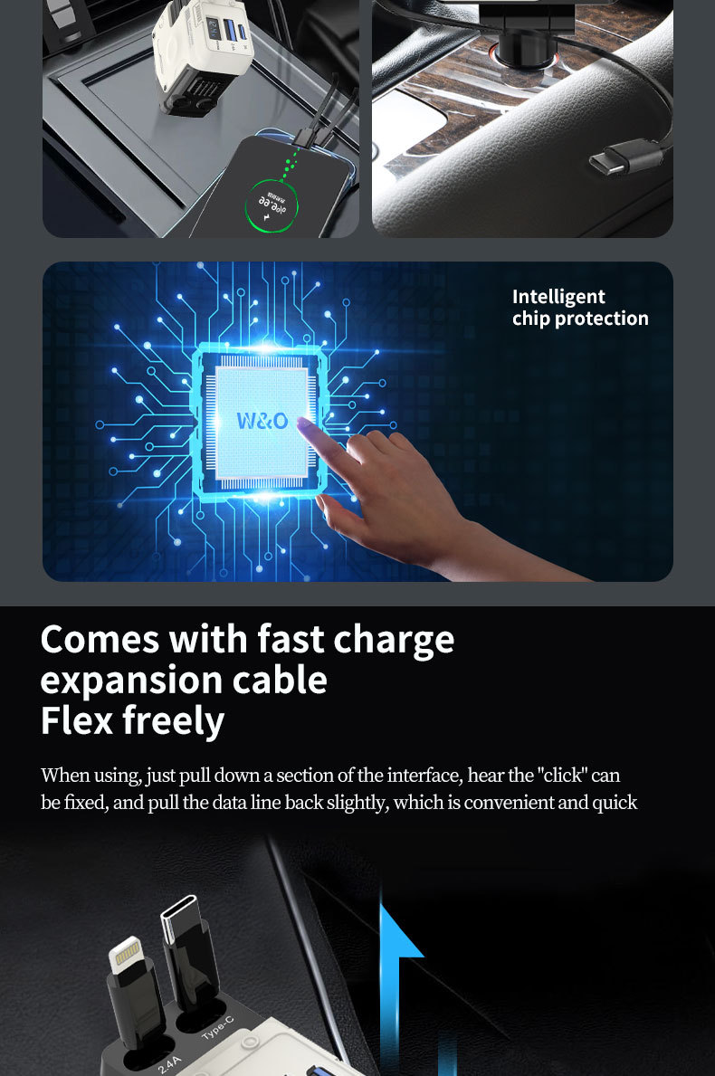 Cross-Border A1 Mecha-Style Car Digital Display Car Charger Super Fast Charging Dual-In-One Retractable Cable Car Cigarette Lighter