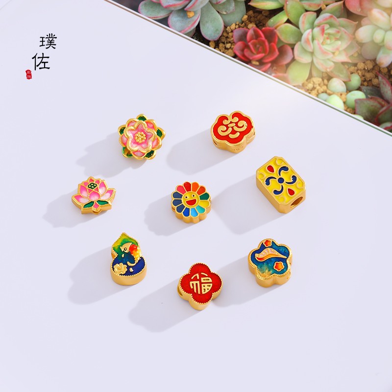 久不掉色越南沙金國潮手鍊手串串珠配珠女仿古法金紅色祥雲花牌