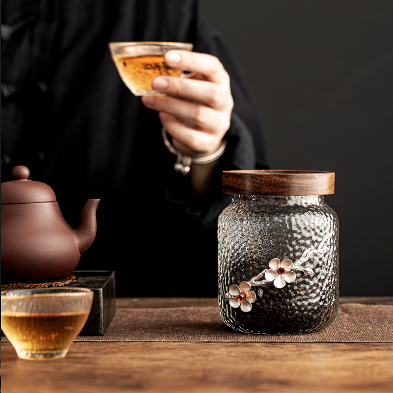 相思木茶葉罐玻璃存茶密封儲存罐錘紋便攜收納罐儲藏罐單罐