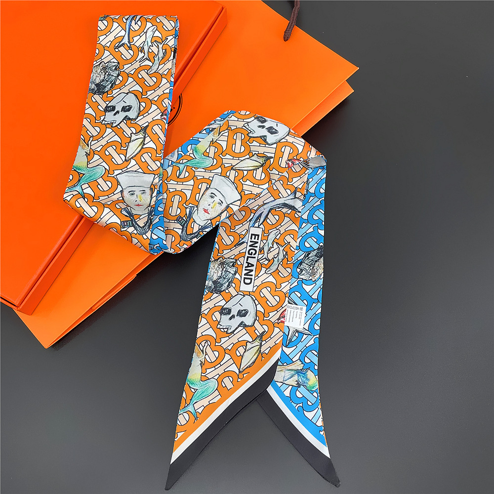 Original Bt Letter Extended Professional Small Scarf Tied with Handle Bag with Hair Tie Imitation Silk Twill Silk Scarf Streamer High-End