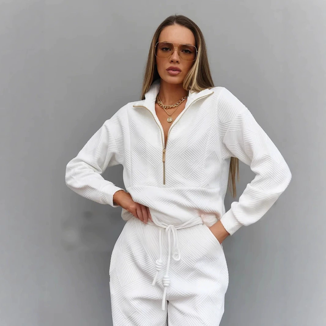 Amazon трансграничный повседневный женский костюм в европейском и американском стиле, однотонный свободный топ на молнии с длинными рукавами, брюки на шнуровке, комплект из двух предметов