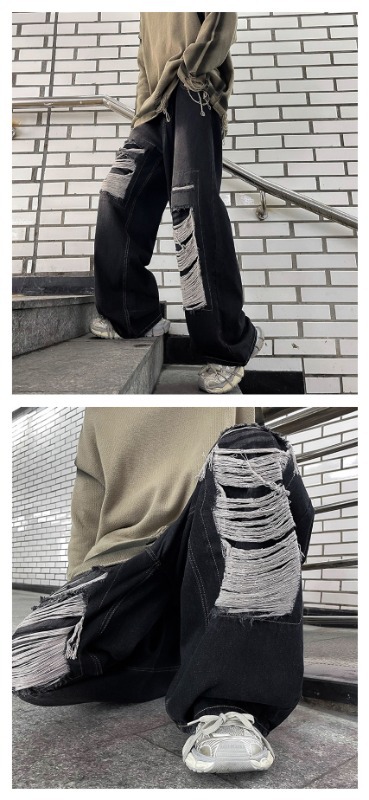 Spring And Autumn Distressed Jeans For Men, Casual Trendy Brand, Cool Washed High Street American Style Versatile Pants_mkmklike.com