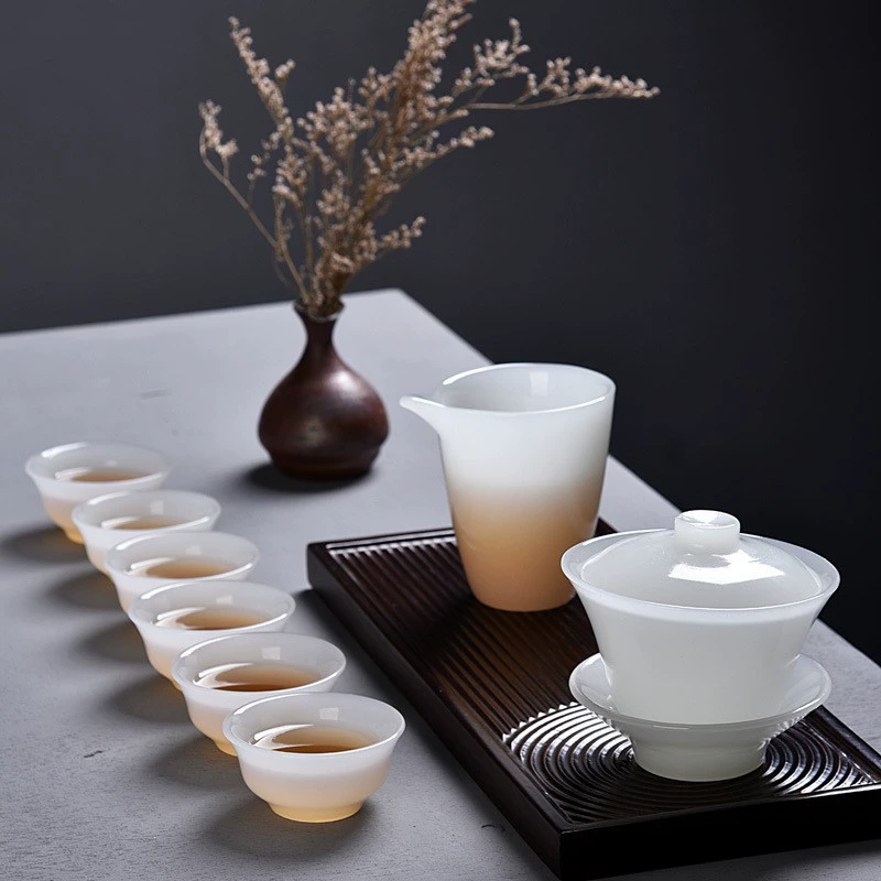 [玉瓷盖碗茶杯六杯阿富汗白瓷公道杯茶壶银鱼杯品茗杯功夫茶具套装]