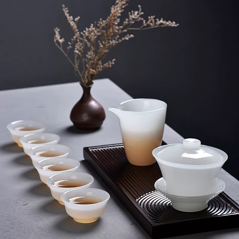 [玉瓷盖碗茶杯六杯阿富汗白瓷公道杯茶壶银鱼杯品茗杯功夫茶具套装]