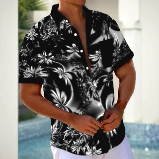 男士夏威夷风格 3D 花卉印花纽扣口袋短袖衬衫上衣适合春夏