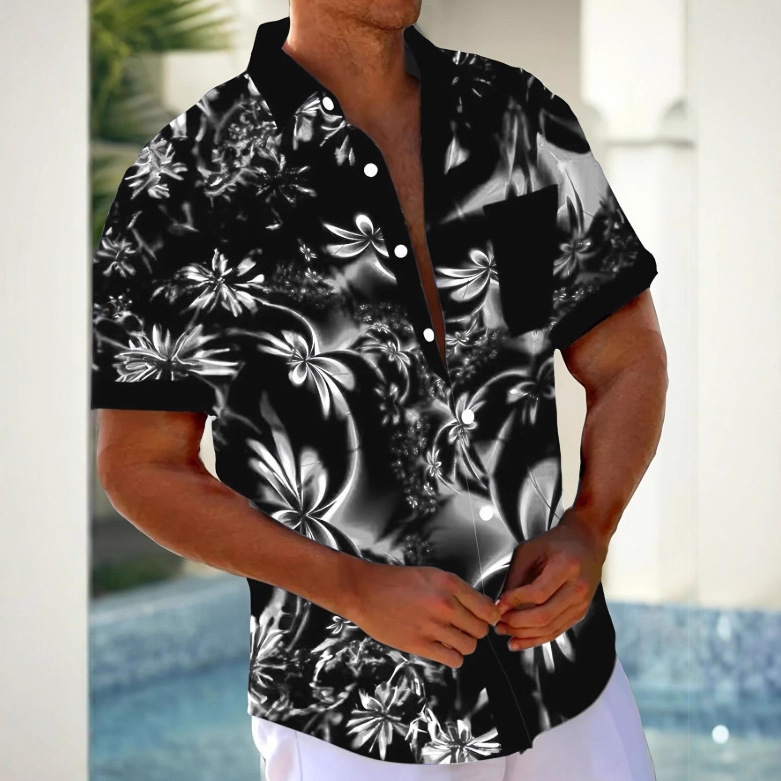 Men's Hawaiian Style 3D Floral Print Button Pocket Short Sleeve Shirt Top for Spring Summer