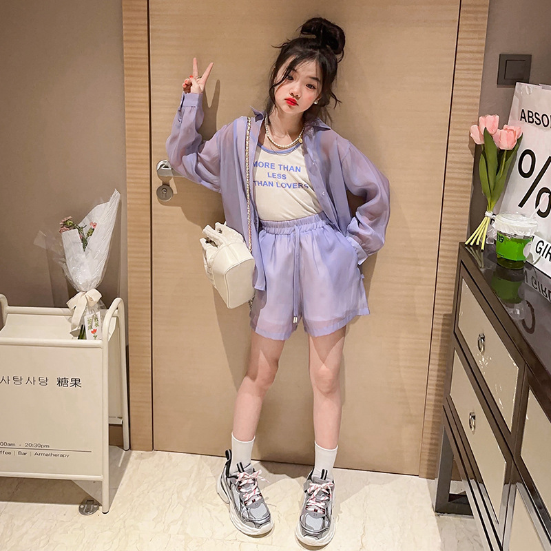 소녀 선 스크린 세트 여름 텐셀 선 스크린 긴 소매 셔츠 세트 유행 서양식 어린이 한국 스타일