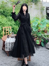 大码胖mm2024秋女裙子新中式复古气质网纱黑色连衣裙高腰显瘦长裙