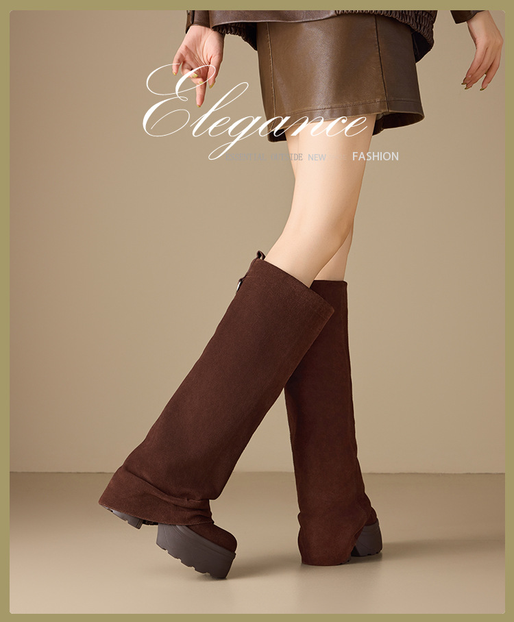 Boot nữ cổ cao ôm bắp chân đế dày gót 12 cm, kiểu hiệp sĩ, hai mặc mùa thu đông — nhung nâu chi tiết 1