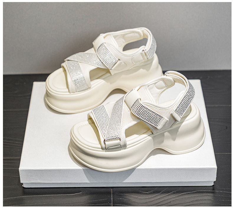 Dép sandal đế xuồng tăng chiều cao lưới thoáng khí đính đá phong cách casual nữ — M2597 màu đen, M2597 màu be chi tiết 19