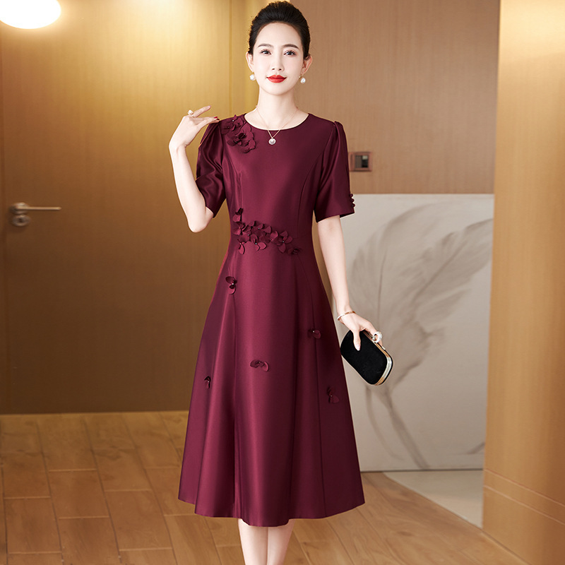 Summer Waist-Cinching Slimming Dress for Middle-Aged and Elderly Women, Wedding Dress, Mother's Dress, Mother-In-Law's Dress for Daughter's Wedding