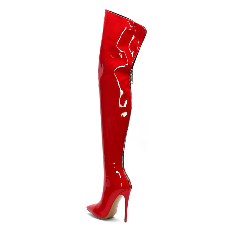 ShoeGlobe Cross-Border Fashion Pointed Toe Back Zipper Stiletto Slim Leg Export Women's European And American Over-the-Knee Shiny_voghion.com