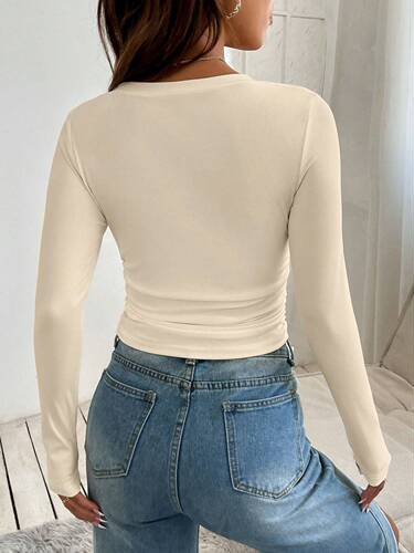 European and American Spring and Summer New V-Neck Shoulder-Strap Dual-Wear Design Sensory Fitted Pleated Irregular Long-Sleeve T-Shirt